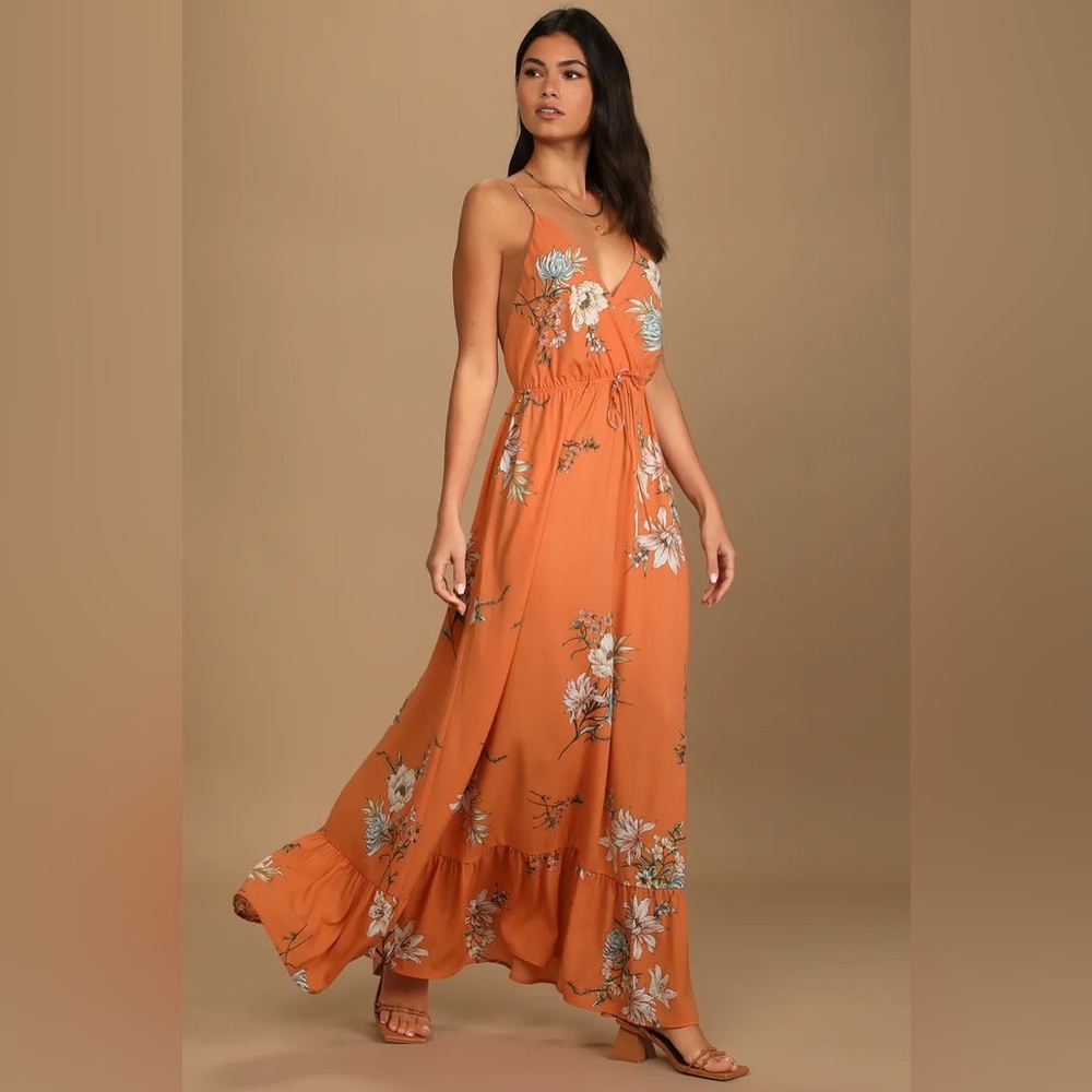 Women’s size M Lulus Endless Vacay Orange Floral Print Surplice Maxi Dress